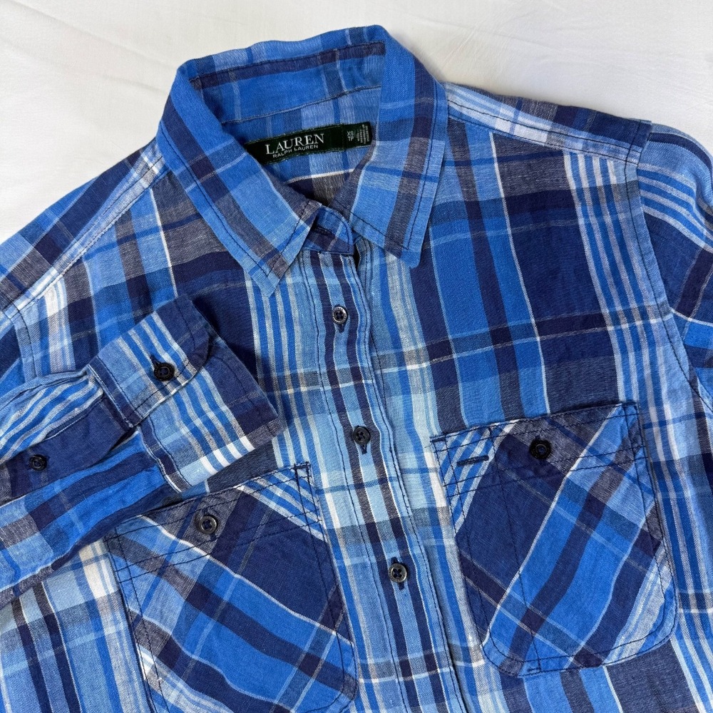 Lauren Ralph Lauren Shirt Womens XS‎ Blue Plaid 100% Linen Roll Tab 2 Pockets